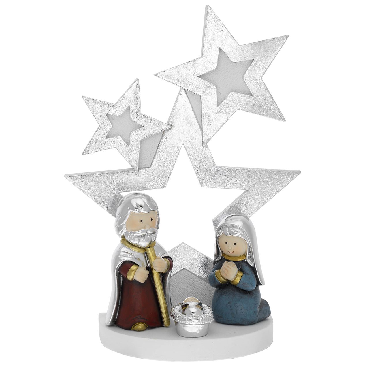 ALBERO 3 STELLE STILIZZATO BIANCO/ARGENTO H. 26 CON PRESEPE SMAL